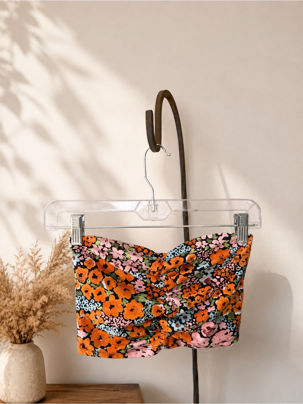 Monki Rainbow Floral Ruched Bandeau Crop Top S